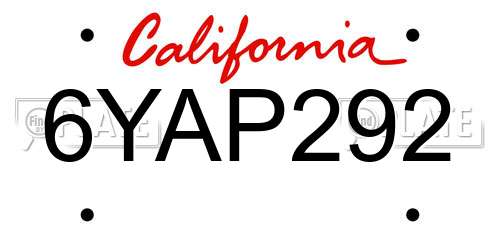 6YAP292 California License Plate