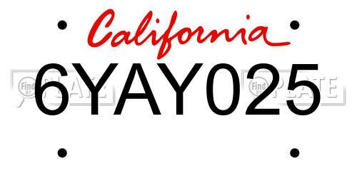 6YAY025 California License Plate