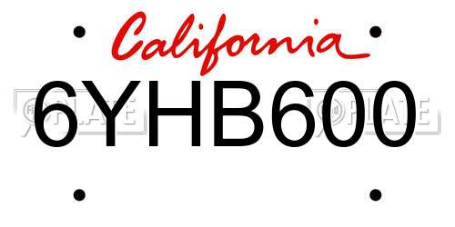 6YHB600 California License Plate
