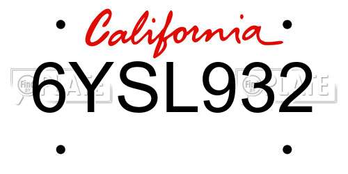 6YSL932 California License Plate