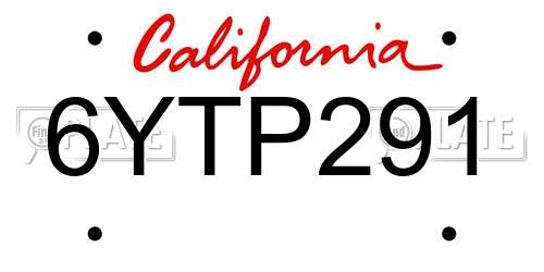 6YTP291 California License Plate