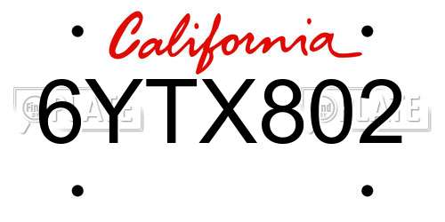 6YTX802 California License Plate