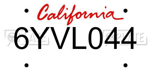 6YVL044 California License Plate