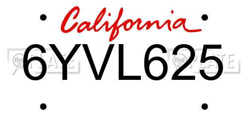 6YVL625 California License Plate