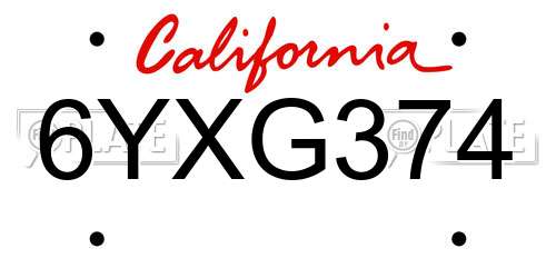 6YXG374 California License Plate