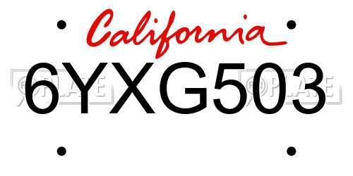 6YXG503 California License Plate