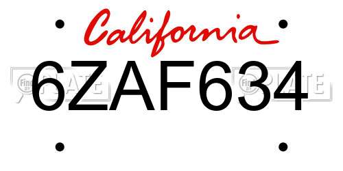 6ZAF634 California License Plate