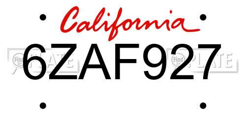 6ZAF927 California License Plate