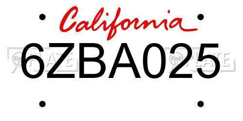 6ZBA025 California License Plate