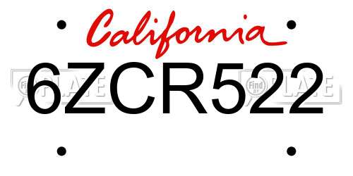 6ZCR522 California License Plate