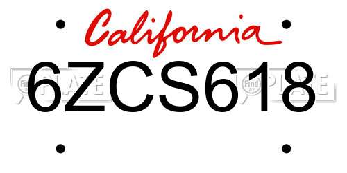 6ZCS618 California License Plate