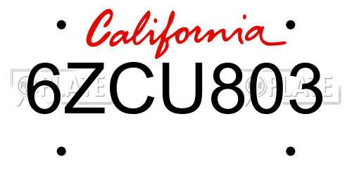 6ZCU803 California License Plate