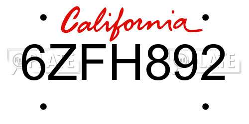 6ZFH892 California License Plate
