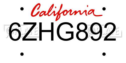 6ZHG892 California License Plate