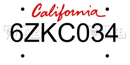 6ZKC034 California License Plate