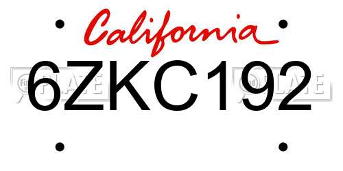 6ZKC192 California License Plate