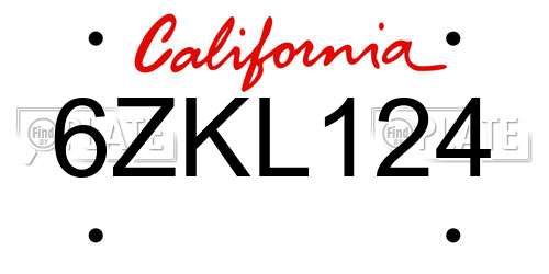 6ZKL124 California License Plate