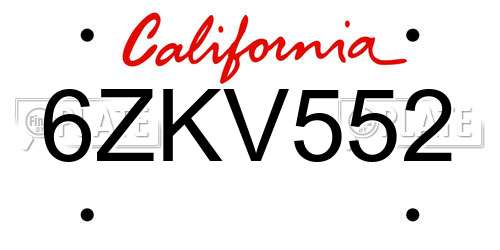 6ZKV552 California License Plate