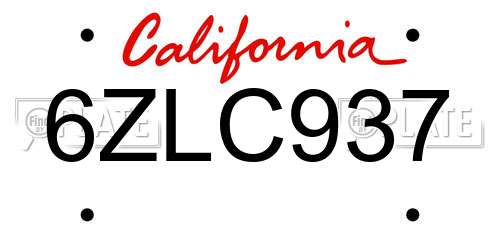 6ZLC937 California License Plate