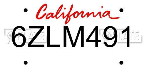 6ZLM491 California License Plate