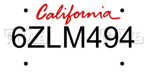 6ZLM494 California License Plate