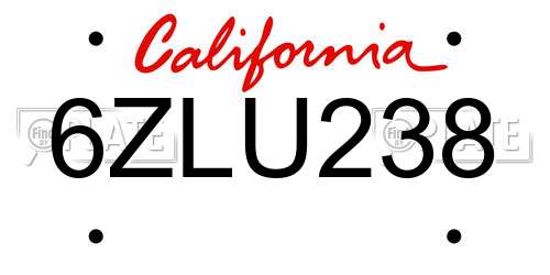 6ZLU238 California License Plate