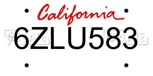 6ZLU583 California License Plate