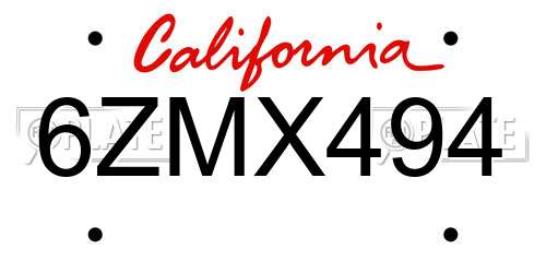 6ZMX494 California License Plate