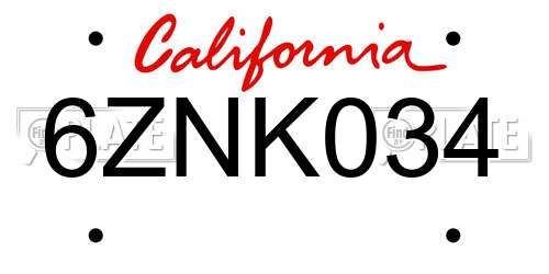 6ZNK034 California License Plate