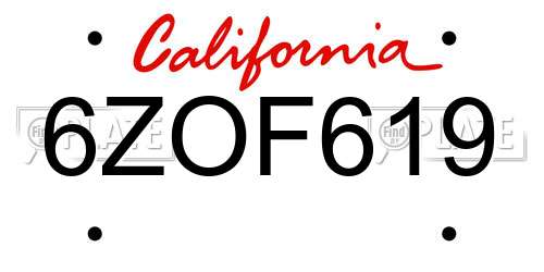 6ZOF619 California License Plate
