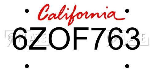 6ZOF763 California License Plate