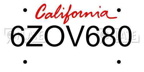 6ZOV680 California License Plate