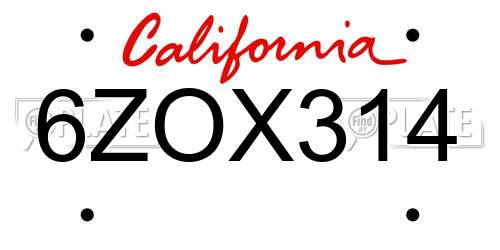 6ZOX314 California License Plate