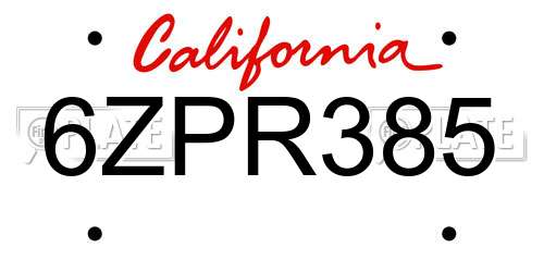 6ZPR385 California License Plate