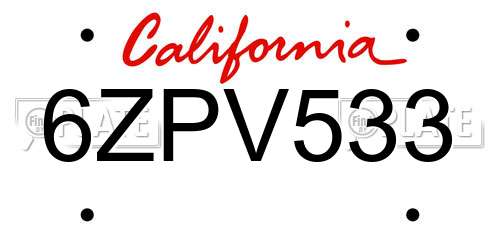6ZPV533 California License Plate
