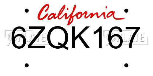 6ZQK167 California License Plate