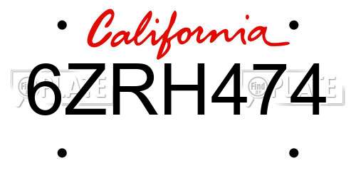6ZRH474 California License Plate