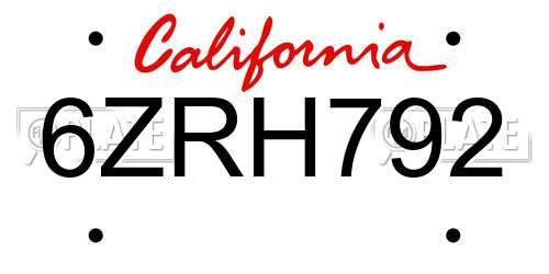 6ZRH792 California License Plate
