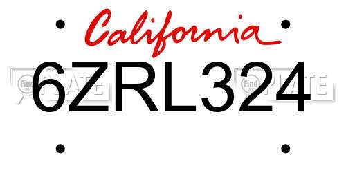 6ZRL324 California License Plate