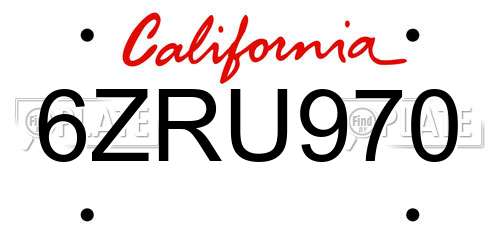 6ZRU970 California License Plate