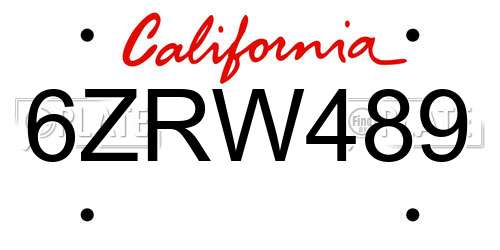 6ZRW489 California License Plate