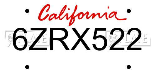 6ZRX522 California License Plate
