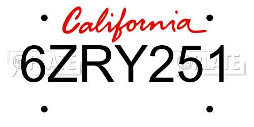6ZRY251 California License Plate