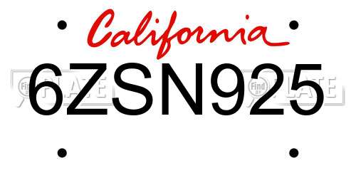 6ZSN925 California License Plate
