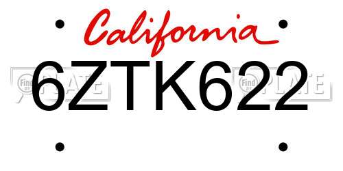6ZTK622 California License Plate
