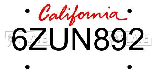 6ZUN892 California License Plate