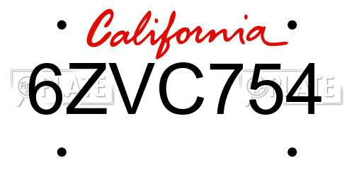 6ZVC754 California License Plate