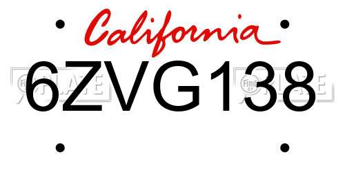 6ZVG138 California License Plate