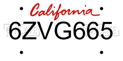 6ZVG665 California License Plate