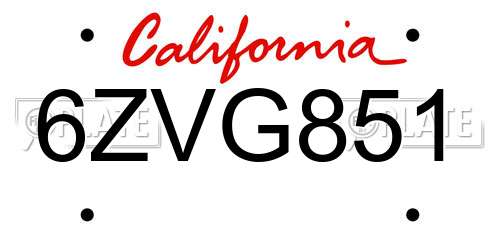 6ZVG851 California License Plate